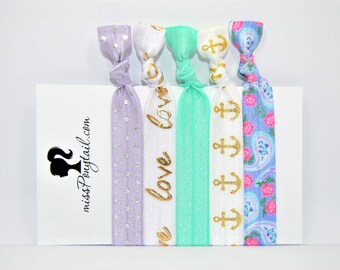 Love Hair Ties, Gold, Anchors, Mint, Paisley, Nautical, Elastic Hair Ties, Handmade, Elastic Ribbon, Ponytail Holder, Knotted Hair Ties