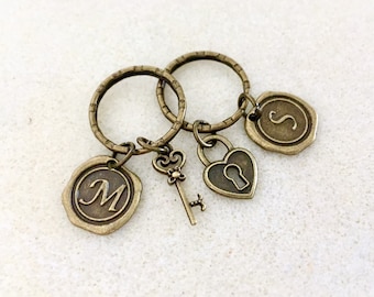 Bronze lock key keychains personalized couple keychain set couple keychains gift for couples gift for him gift for her lock and key couples