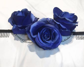 Blue Roses Floral Crown with Chains and Stones