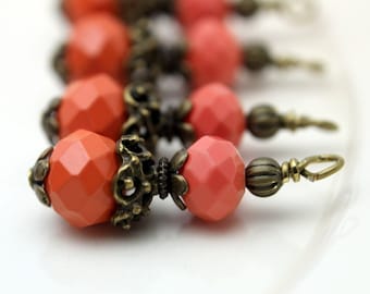 Vintge Style Coral Crystal with Ornate Brass Bead Dangle Charm Drop Set - Earring Dangle, Charm, Drop, Pendant
