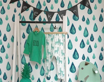 Turquoise teardrops wall mural, Watercolor wallpaper for kids room, Reusable, Removable #94