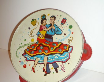 Vintage Tin Lithograph Musical Tambourine Tin Toy Collectible Flamenco Dancers