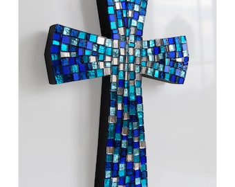 Shaded blue wall cross, mosaic glass blue cross, art L /700/A/9