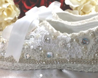 Wedding Bridal Tennies Sneakers Tennis Ivory White Shoes Flats Destination Beach Swarovski Crystals & Pearls Custom Made Now On SALE!