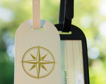 Luggage Tag; Leather Luggage Tag; Leather; Compass; Travel; Travel Accessory; Bag Tag; Gift; White and Gold; Black and Gold; Embossed