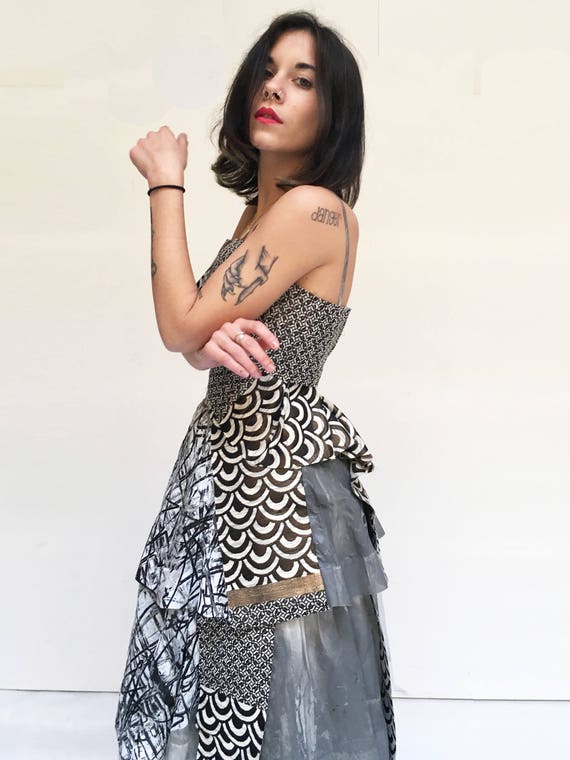 Hand Painted Long Grey LOLA DARLING Dress Silk Organza Flounces Printed from Vintage Limited Edition Artwork Certified