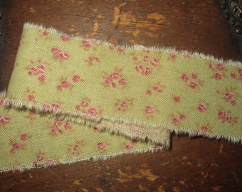 Tattered Tea Stained Fabric Ribbon Pink Dainty Tiny Rosebuds on Shabby Green Rare fabric