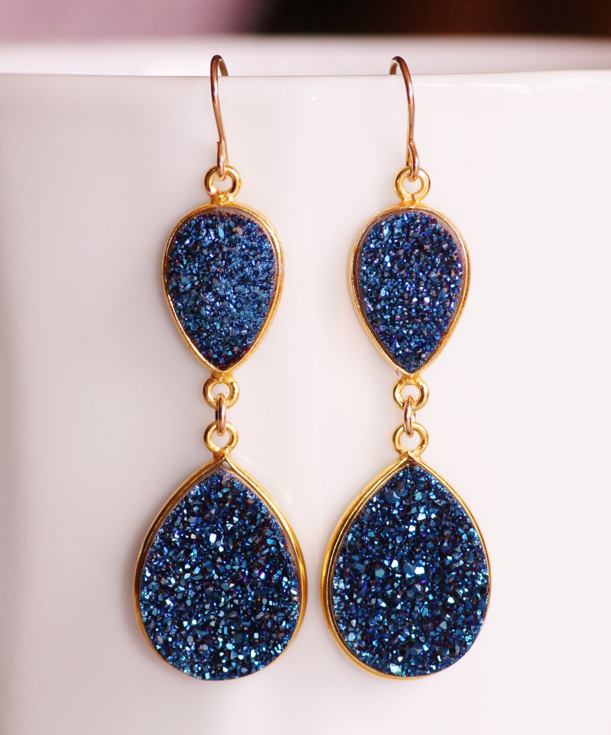 Genuine Sapphire Navy Blue Druzy Gemstone EarringsDruzy
