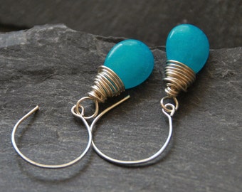 Personalized birthday gift, Silver hoop earrings, Wire wrapped Jade earrings, Ocean blue teardrop earrings, Bridesmaid gift, 1153-8