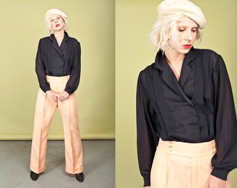 70s Black Sheer Pleat Blouse Vintage Classic Formal Top