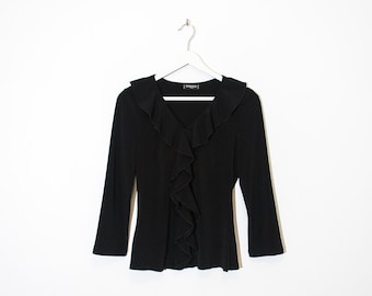 on sale - black ruffled collar fitted top / 3/4 sleeve v-neck blouse / size M