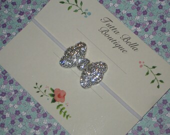 Silver Rhinestone Bow Headband, White Headband, Baby Headband, Toddler headband, Newborn Headband, Adult Headband, Jeweled Bow Headband