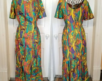 Vintage 70s Hawaiian muumuu dress tropical floral medium