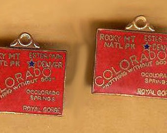 vintage charm COLORADO souvenir charms, enamel and brass, kitchy, TWO pieces antique vintage charms red enamel