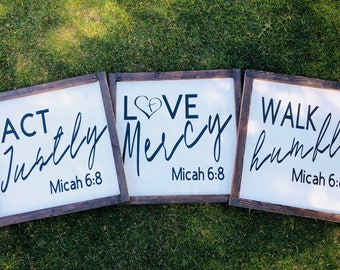 Micah 6:8 verse wood sign, farmhouse sign, act justly, walk humbly, love mercy wood sign 3 piece