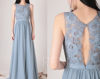 Bridesmaid Dress Dusty Blue Chiffon Dress,Lace Illusion Round Neck Wedding Dress,Key Hole Back Party Dress,Sleeveless Evening Dress(L456)