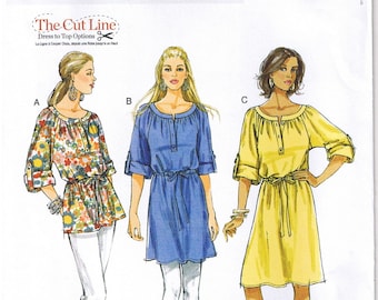 Easy Top Tunic Dress Neckband Drawstring Waist Rolled Up Sleeves Butterick 5612 Sewing Pattern XS S M 4 6 8 10 12 14