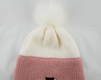 Two-tone Knit Hat with Removable Pom Pom
