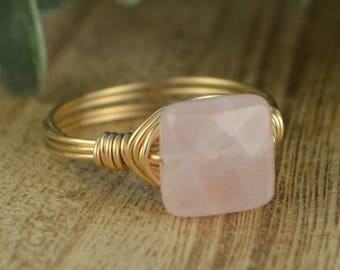 Sale! Rose Quartz Ring- Yellow or Rose Gold Filled or Sterling Silver Wire Wrapped Ring with Square Gemstone-Size 4 5 6 7 8 9 10 11 12 13 14