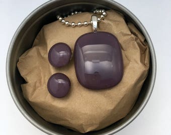 Purple Fused Glass Pendant and Earrings Set