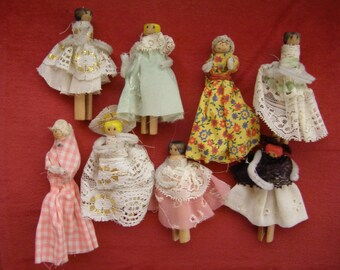Vintage Hand Made Clothespin Dolls - Set of 8