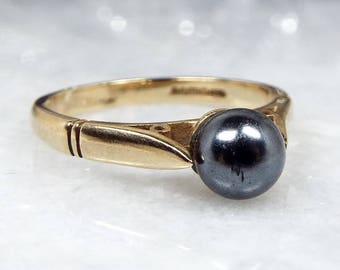 Vintage 1988 9ct Yellow Tahitian Cultured Black Pearl Solitaire Ring / Size N