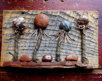 Art Assemblage Rock Garden with beach rocks and found objects, Sculpture, Rustic Reclaimed decor for your cabin, camp, cottage or home