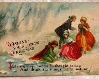 Vintage Christmas Postcard- Family in the Snow