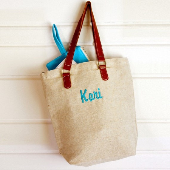 Jute Tote Bag with Leather handles Personalized