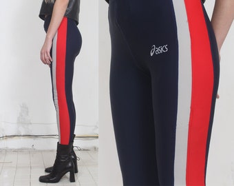 90s navy elastic hi waist side striped drawstring sport leggings s