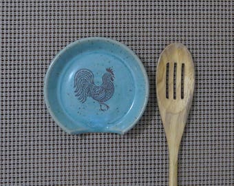 Spoon Rest - Handmade Stoneware Pottery Ceramic - Blue Celadon - Rooster