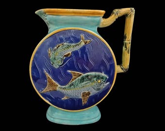 Antique English Majolica Joseph Holdcroft Bamboo Handle Fish Pitcher Blue Turquoise Marked - c. 1879, England