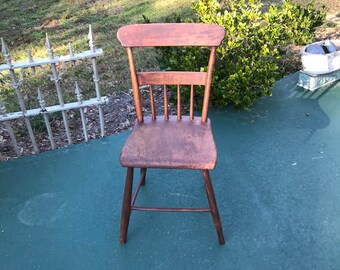 Antique Plank Seat Chair, Four Spindle Back Chair, Primitive Farm House Chair