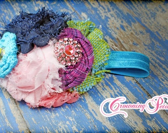 M2M Matilda Jane, Headband, Paint by Numbers, Navy Blue, Lime, Aqua, Light Pink, Fabric Flower Hair Bow, Hair Accessories, Clip, Hair Piece