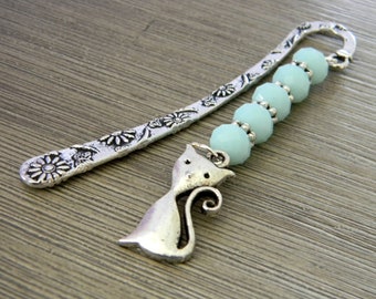 Cat Bookmark with Mint Blue Glass Beads Short Shepherd Hook Bookmark Silver Color