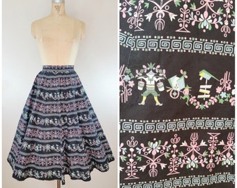 Vintage 1950s Skirt / Novelty Print Skirt / Full Skirt / Cotton Skirt / Asian Print / Border Print Skirt / XS