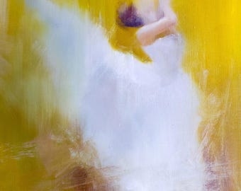 Yellow Large Oil Painting, Original Wife Gift, Ballet Dancer Painting, Figurative Wall Art in White and Yellow