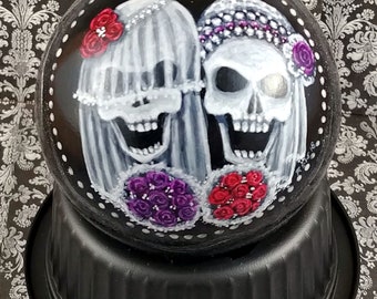 Wedding Skulls Ornament, Bride Skulls, Gothic Wedding Ornament, Gay Wedding Gift, Red Rose, Purple Rose Headpiece, Lesbian Wedding, Skulls