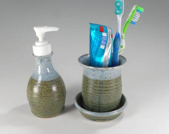 Pottery soap pump dispenser and toothbrush holder bathroom accessory set, ceramic soap pump, ceramic toothbrush holder, pottery lotion pump