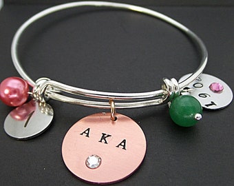 Alpha Kappa Alpha Sorority Expandable Bangle Charm Bracelet, Hand Stamped AKA Charm, Line Number Charm, Pink and Green Beads, Sorority Gift