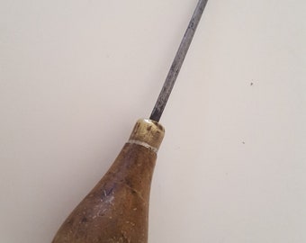 Antique scratch awl tool, quality made with maple wood turned ball handle, brass collet