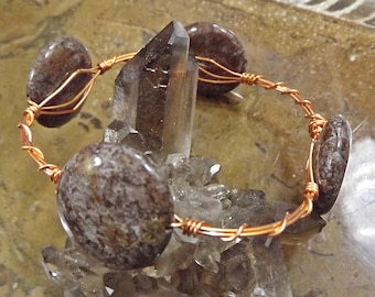 Brown Snowflake Jasper Bangle with Copper Wire
