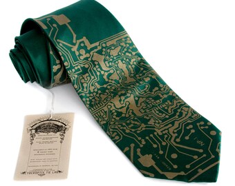 Circuit Board Necktie. Emerald green Short Circuit silk tie. Tech guy gift, science tie. Silkscreened men's necktie. Computer science gift.
