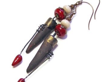 Long Ceramic Spikes, Pierced Brown & Blood Red Earrings, OOAK (One of a Kind) Organic Jewellery, Unique Handcrafted Wearable Art