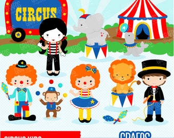 CIRCUS KIDS - Digital Clipart Set, Circus Clipart, Clowns Clipart, Animals Clipart.