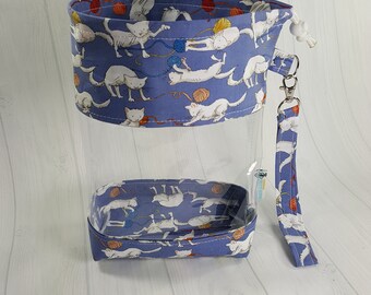 Small Clear Knitting Project Bag, Knittens Kittens playing w/ yarn, Clear Vinyl Bag, Sock Knitting Bag, clear window drawstring bag CVS0057