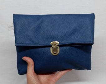 Blue Fold Over Clutch, Vegan Clutch bag, Fold Over Purse, Blue Faux Leather, Blue clutch, Fold Over clutch, Vegan Bag