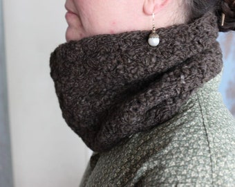Crocheted cowl, made from brown cormo handspun yarn