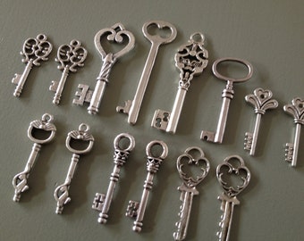 Keys to the Castle - 28 Skeleton Key Charms Antique Silver Vintage Style Skeleton Keys Key Set