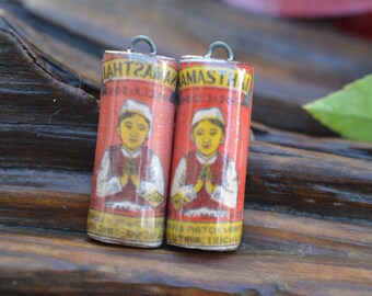 Vintage Japanese Matchbox- Handmade Porcelain Picture Bead Pair